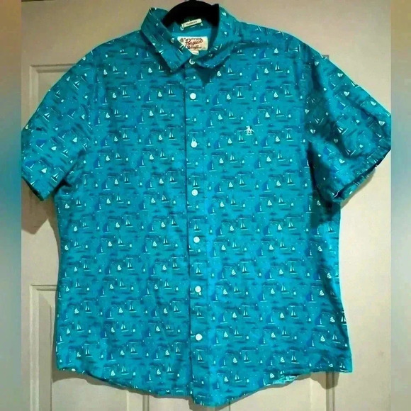 Original Penguin Teens large ๐๐ปBlue Sailboat Print Short Sleeve Button Up - Picture 1 of 6